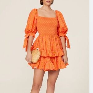 Caroline Constas Bright Orange Mini Dress with Puff Sleeves